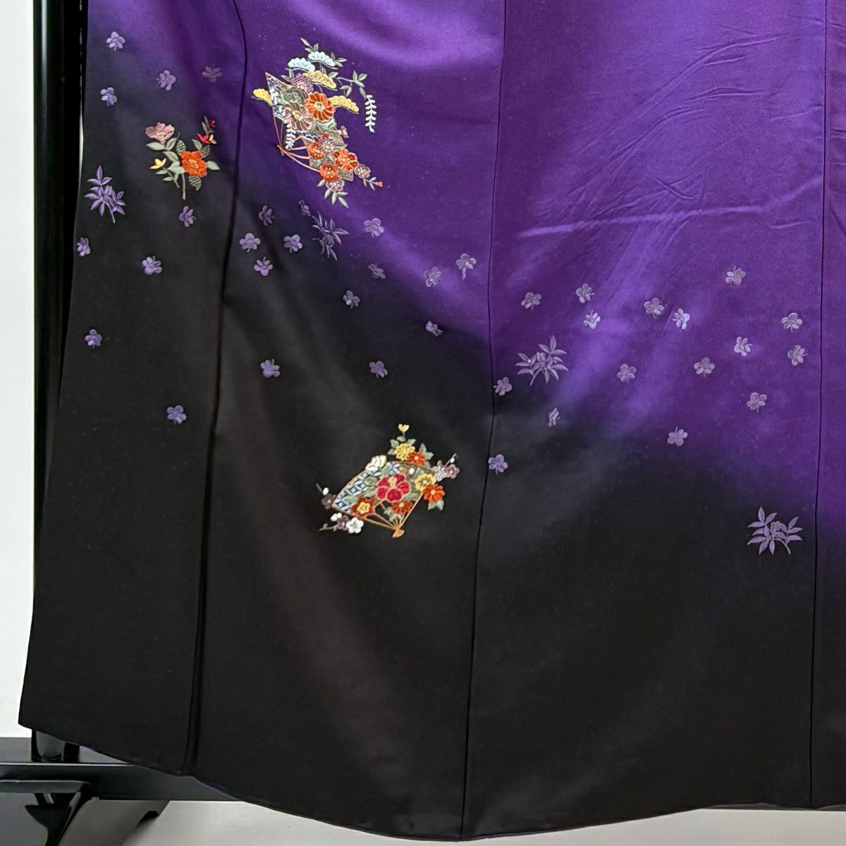 振袖禮服 身長161.5cm 袖長65cm M 雙層 扇子 草花紋紋 金糸刺繡 紫 純蠶絲 秀品級