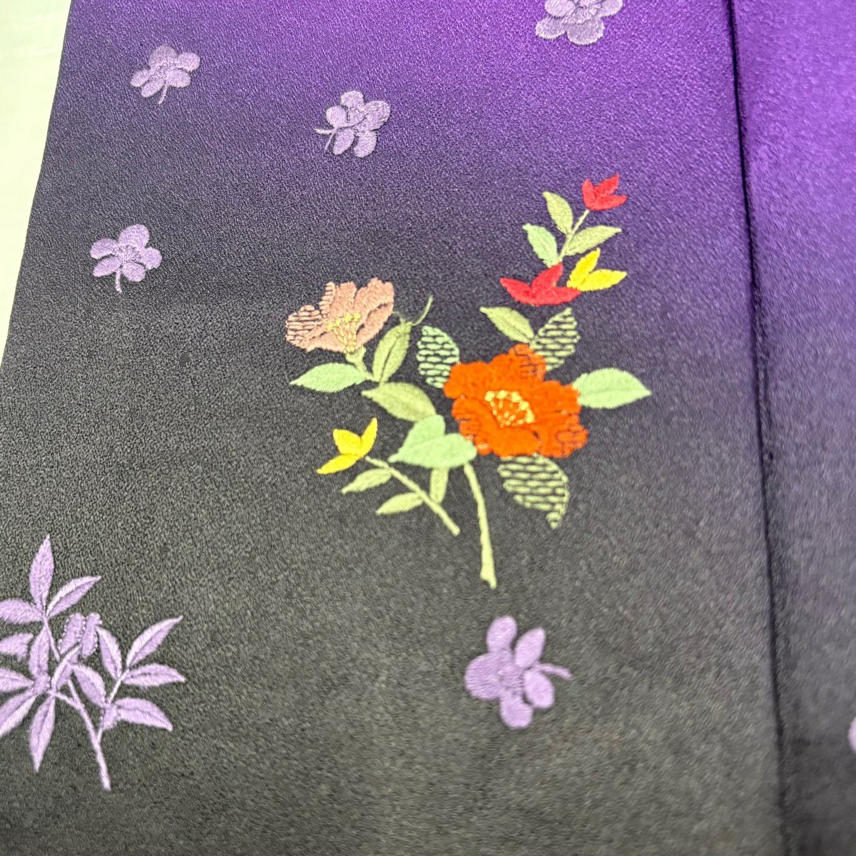 振袖禮服 身長161.5cm 袖長65cm M 雙層 扇子 草花紋紋 金糸刺繡 紫 純蠶絲 秀品級