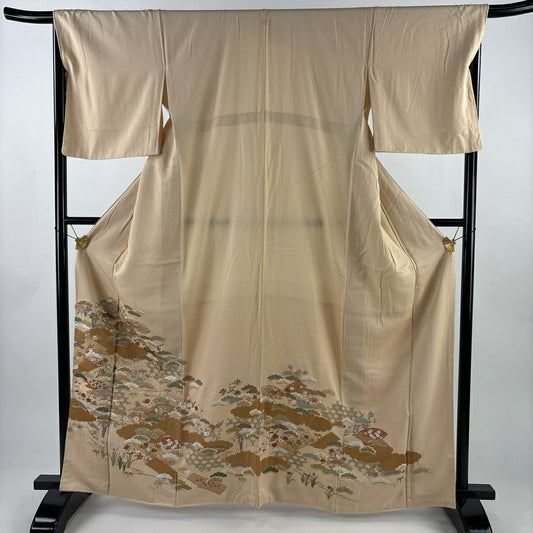 色留袖禮服 身長163cm 袖長67.5cm L 雙層 松樹竹子梅花 扇子面 刺繡 金線 米色 純蠶絲 秀品級 一個紋