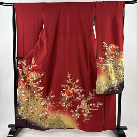 振袖禮服 身長161cm 袖長65cm M 雙層 草花紋紋 流水 金銀彩 漸層 紅 純蠶絲 優品級