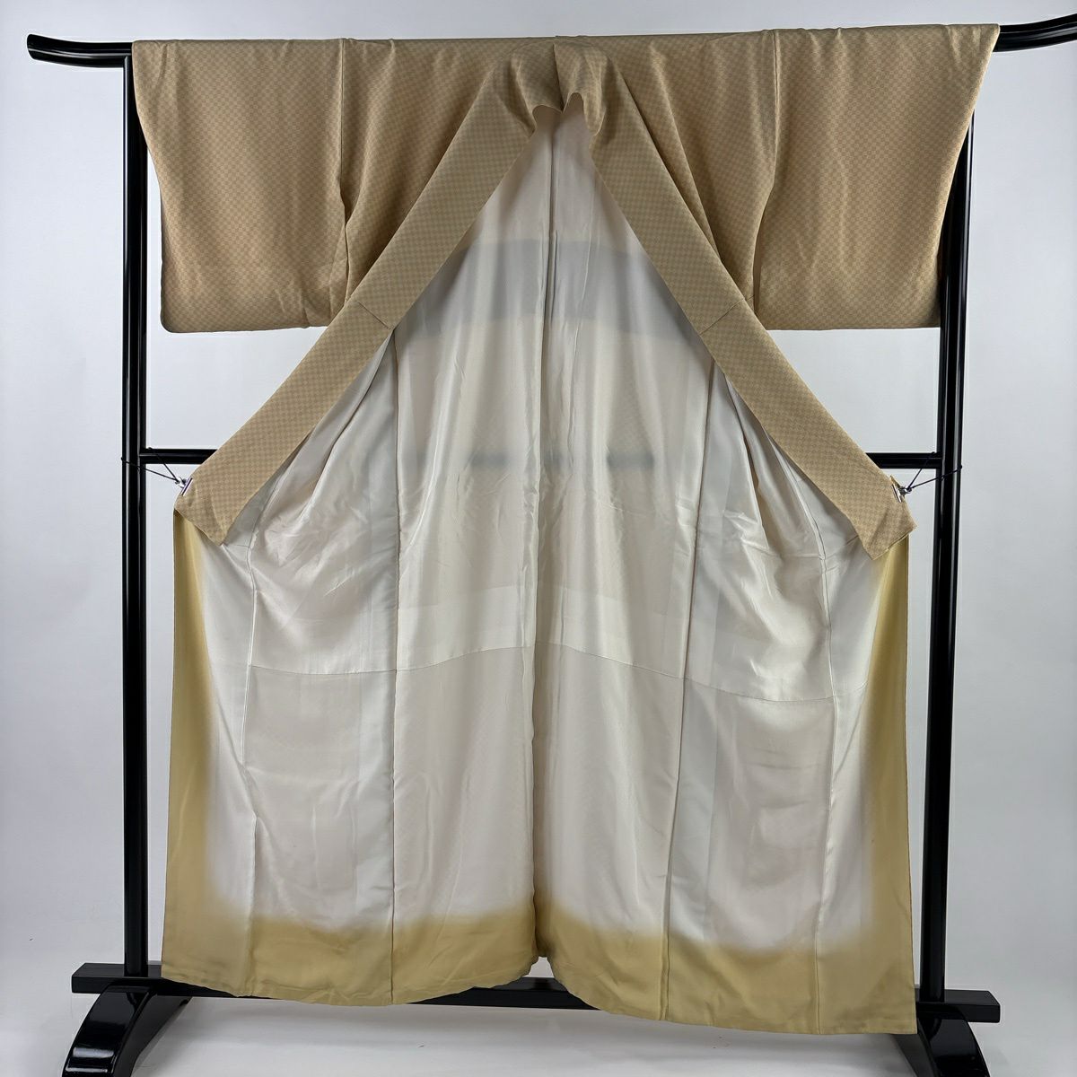 小紋 身長160cm 袖長67cm M 雙層 市松樹 薄茶 純蠶絲 秀品級