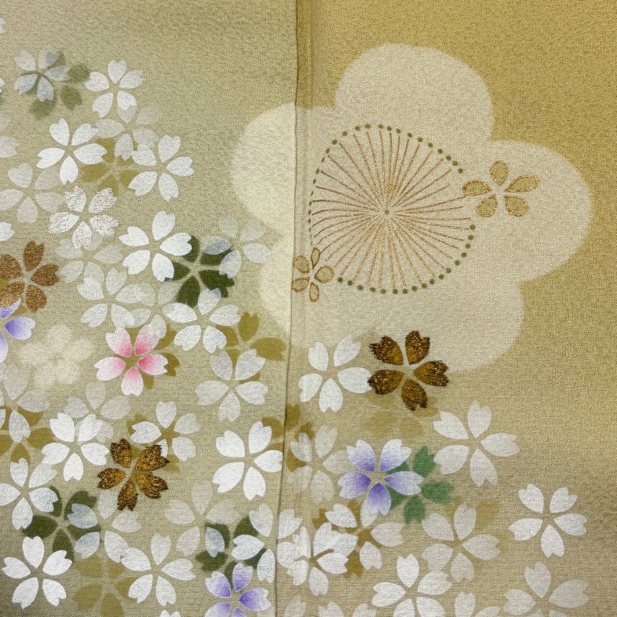 付下 身長157cm 袖長63.5cm S 雙層 梅花 櫻花 金絲 金銀彩 米色 純蠶絲 優品級