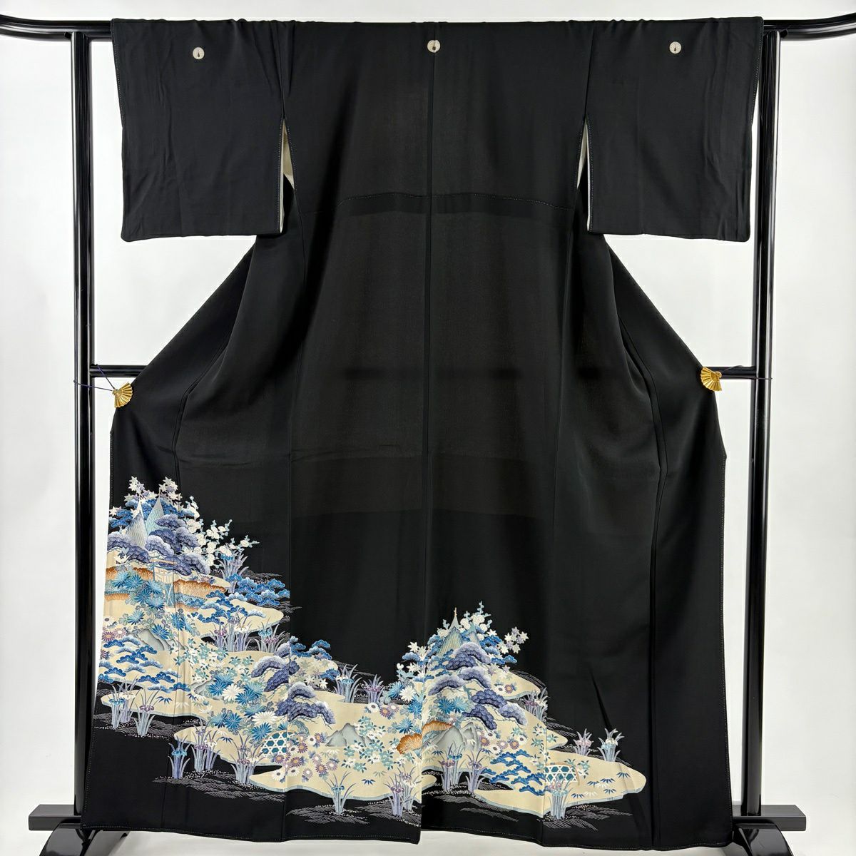 黑留袖禮服 身長161.5cm 袖長62.5cm S 雙層 風景 松樹竹子梅花 染分 黑 純蠶絲 秀品級