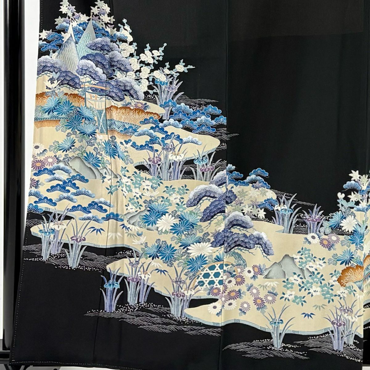 黑留袖禮服 身長161.5cm 袖長62.5cm S 雙層 風景 松樹竹子梅花 染分 黑 純蠶絲 秀品級