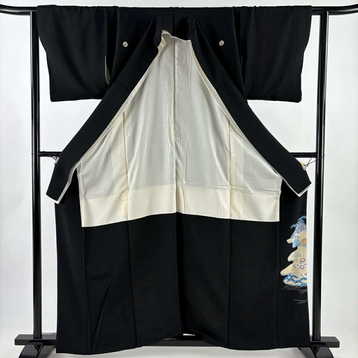黑留袖禮服 身長161.5cm 袖長62.5cm S 雙層 風景 松樹竹子梅花 染分 黑 純蠶絲 秀品級