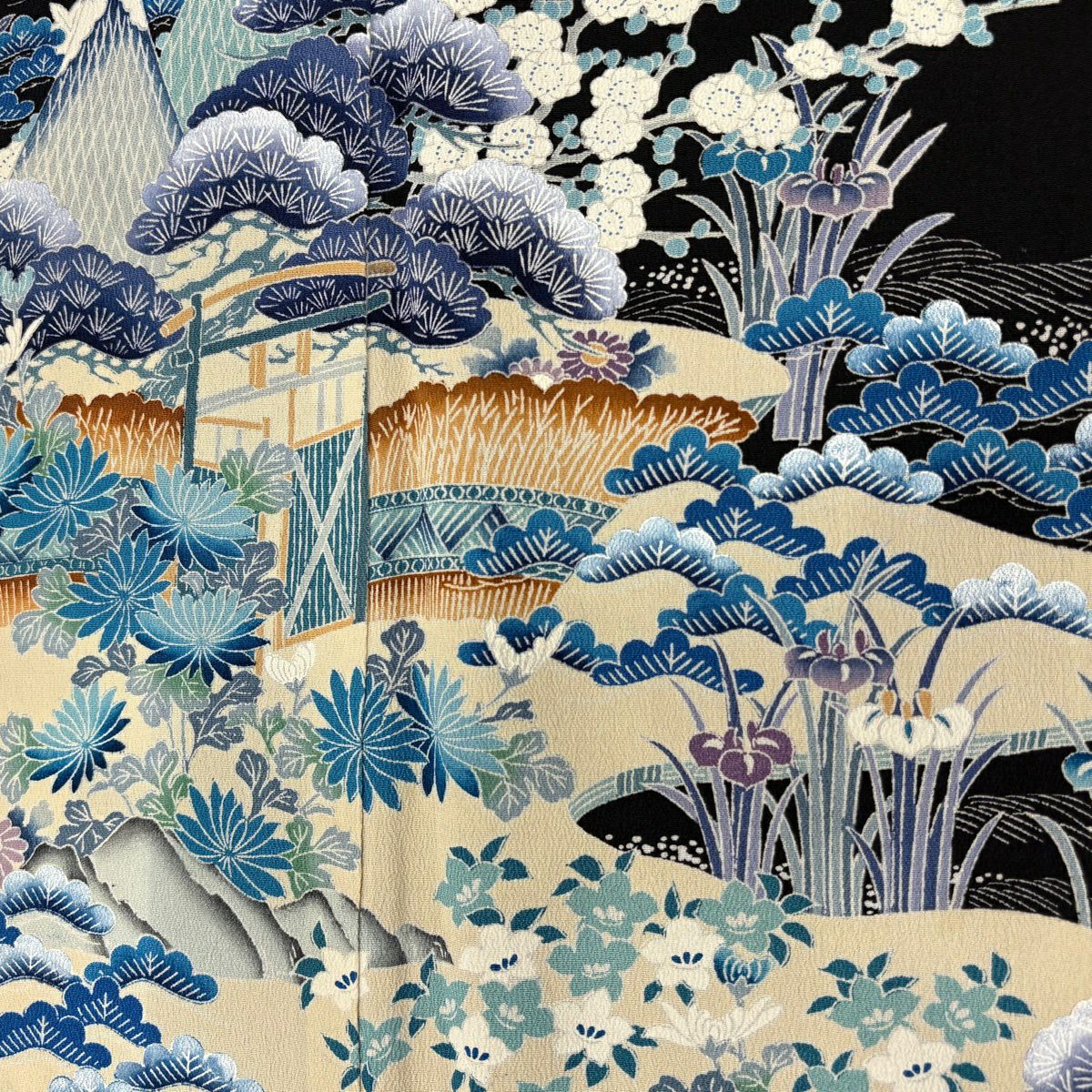 黑留袖禮服 身長161.5cm 袖長62.5cm S 雙層 風景 松樹竹子梅花 染分 黑 純蠶絲 秀品級