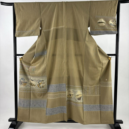 【美品】 付下 身長161cm 袖長65cm M 雙層 紬織織 落款あり 風景 人物 絞染 薄茶 純蠶絲 秀品級