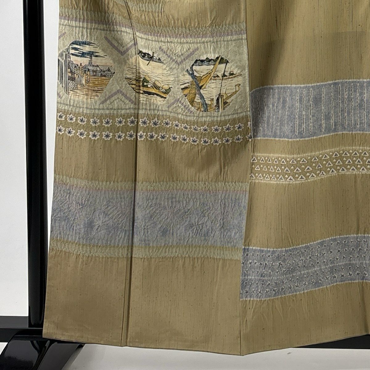 【美品】 付下 身長161cm 袖長65cm M 雙層 紬織織 落款あり 風景 人物 絞染 薄茶 純蠶絲 秀品級