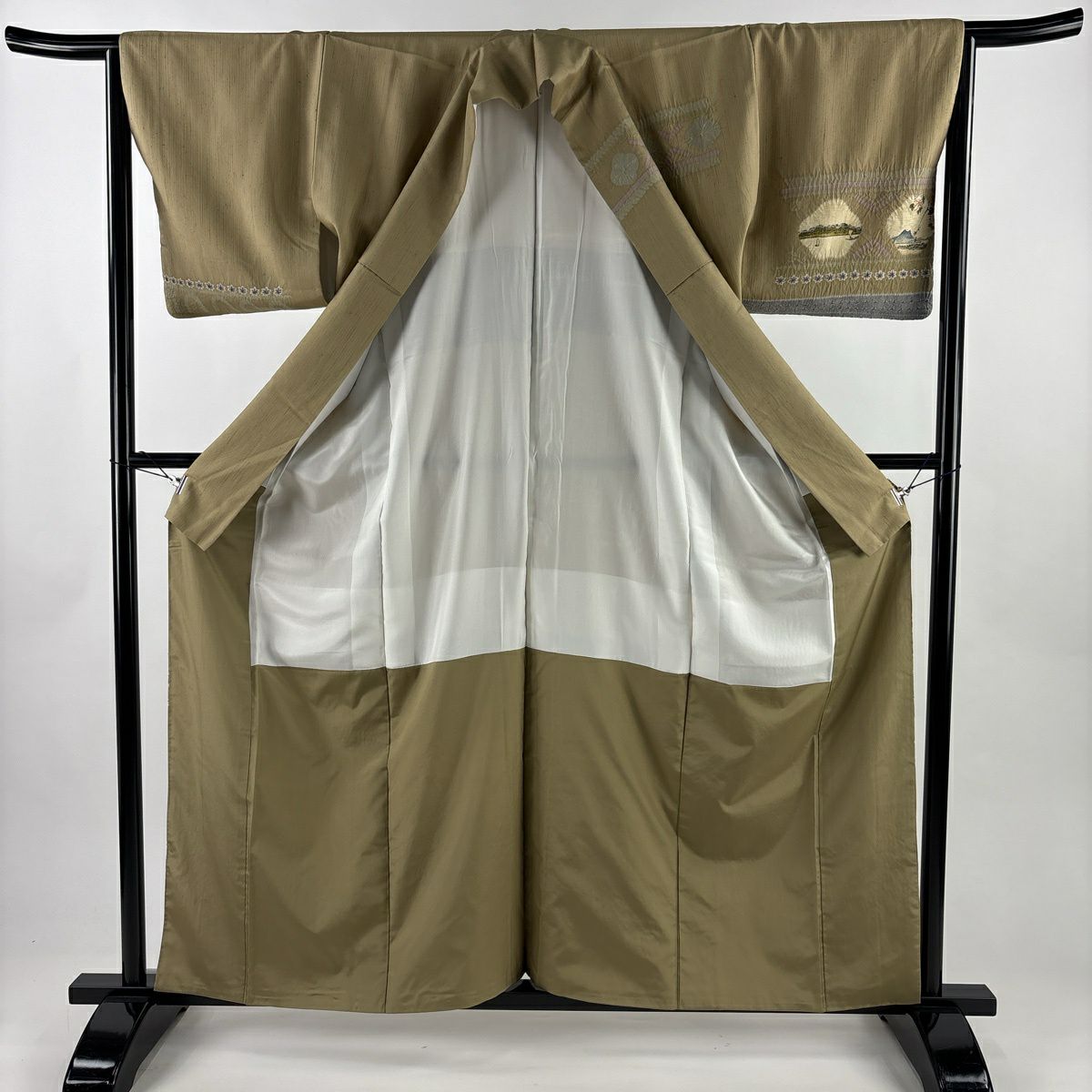 【美品】 付下 身長161cm 袖長65cm M 雙層 紬織織 落款あり 風景 人物 絞染 薄茶 純蠶絲 秀品級