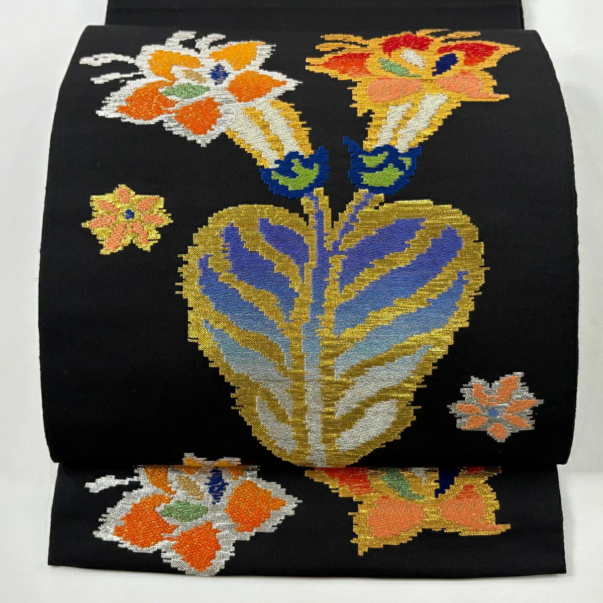 【美品】 袋帶 逸品級 龍村平藏 落款あり 毛房文 金金箔 銀線 黑色 大鼓圖案 純蠶絲
