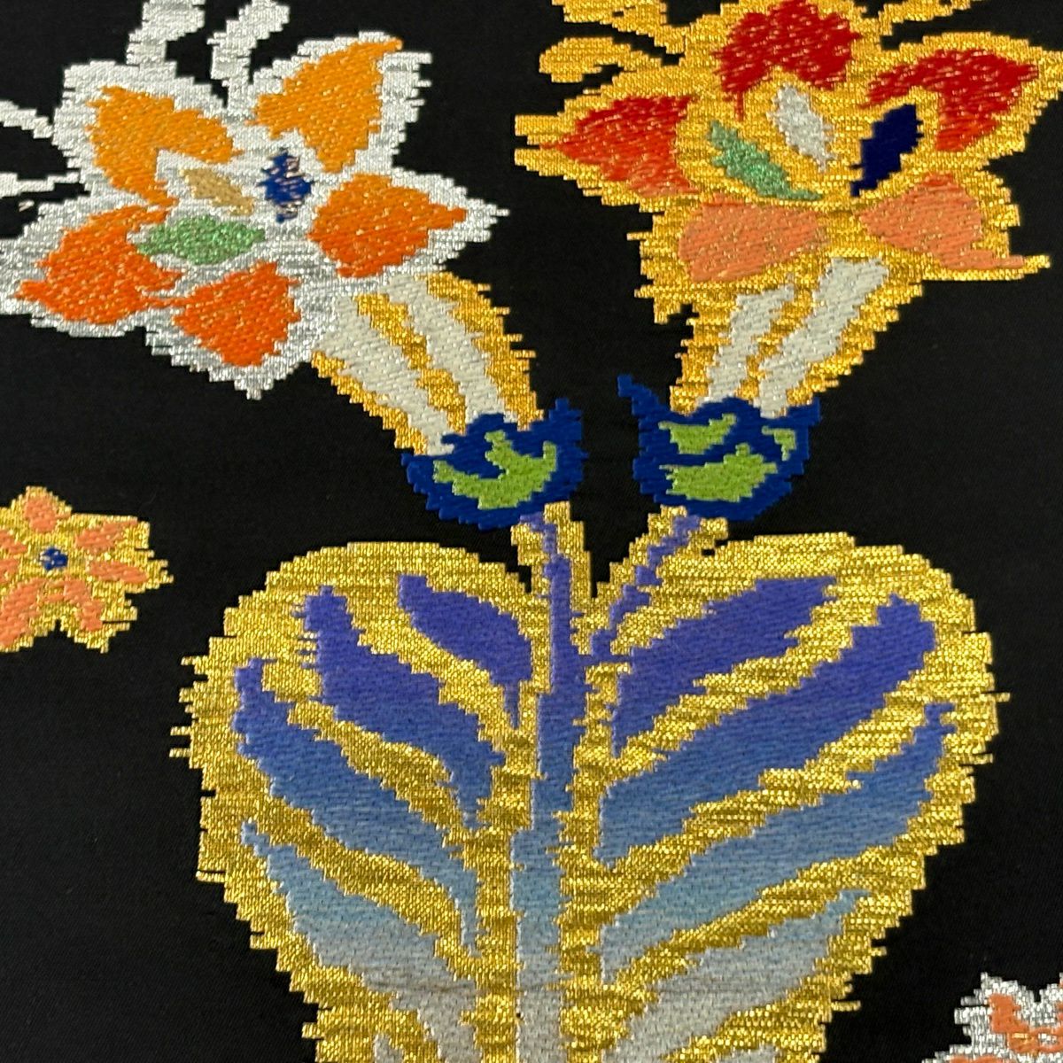 【美品】 袋帶 逸品級 龍村平藏 落款あり 毛房文 金金箔 銀線 黑色 大鼓圖案 純蠶絲