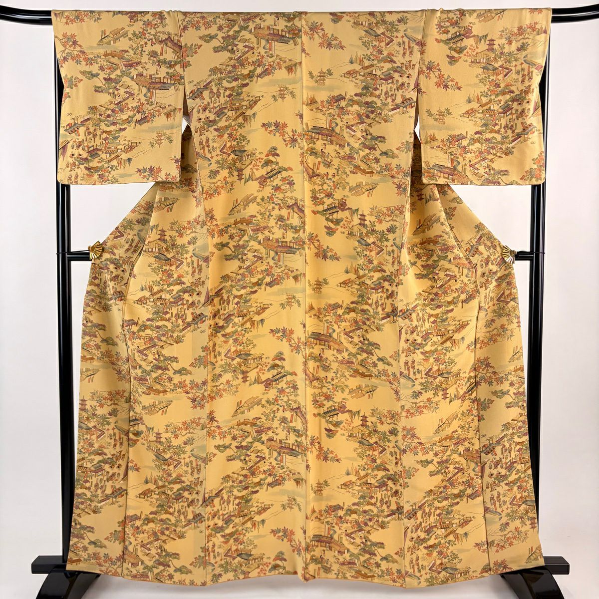 小紋 身長162.5cm 袖長68.5cm L 雙層 建物 樹木 黃土 純蠶絲 優品級