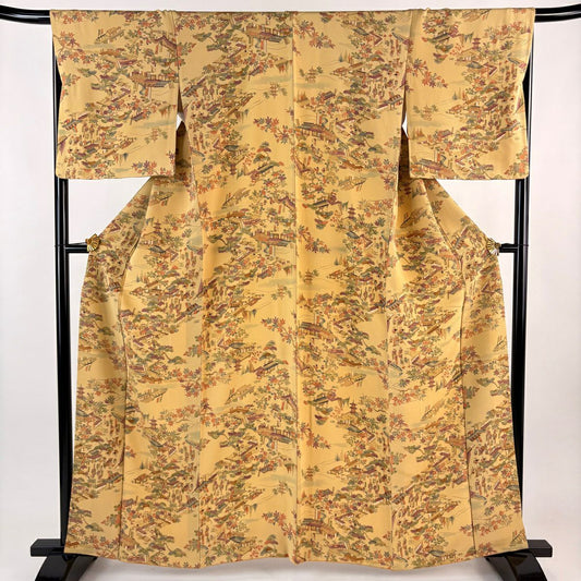 小紋 身長162.5cm 袖長68.5cm L 雙層 建物 樹木 黃土 純蠶絲 優品級
