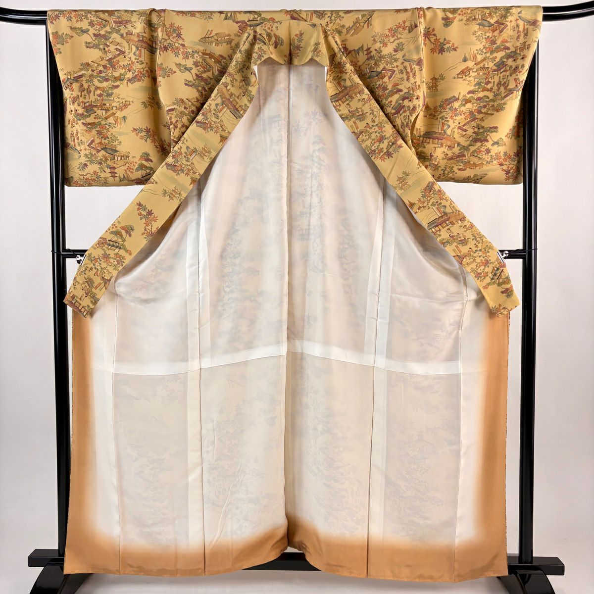 小紋 身長162.5cm 袖長68.5cm L 雙層 建物 樹木 黃土 純蠶絲 優品級