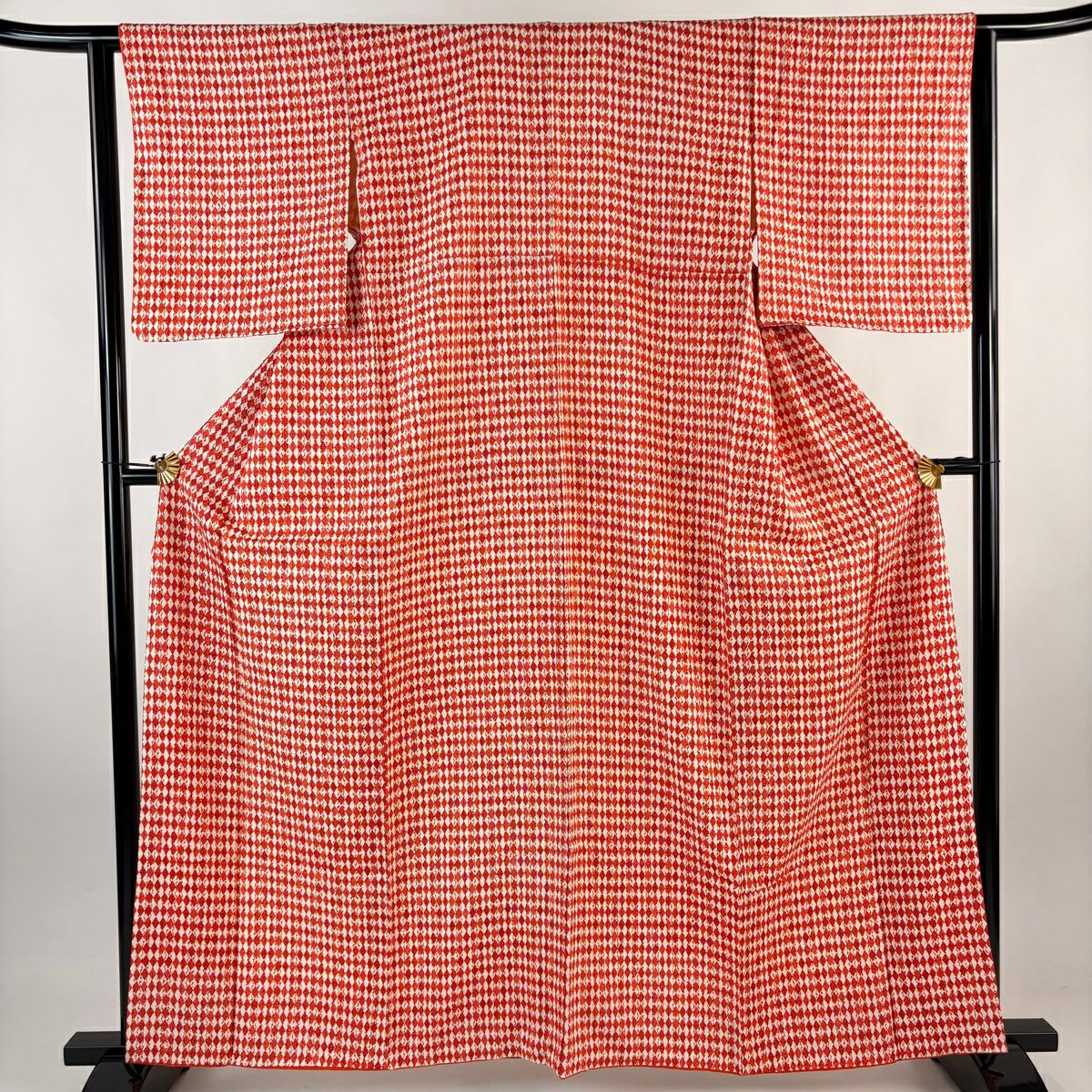 【美品】 小紋 身長162.5cm 袖長63cm S 雙層 菱 絞染 紅 純蠶絲 優品級