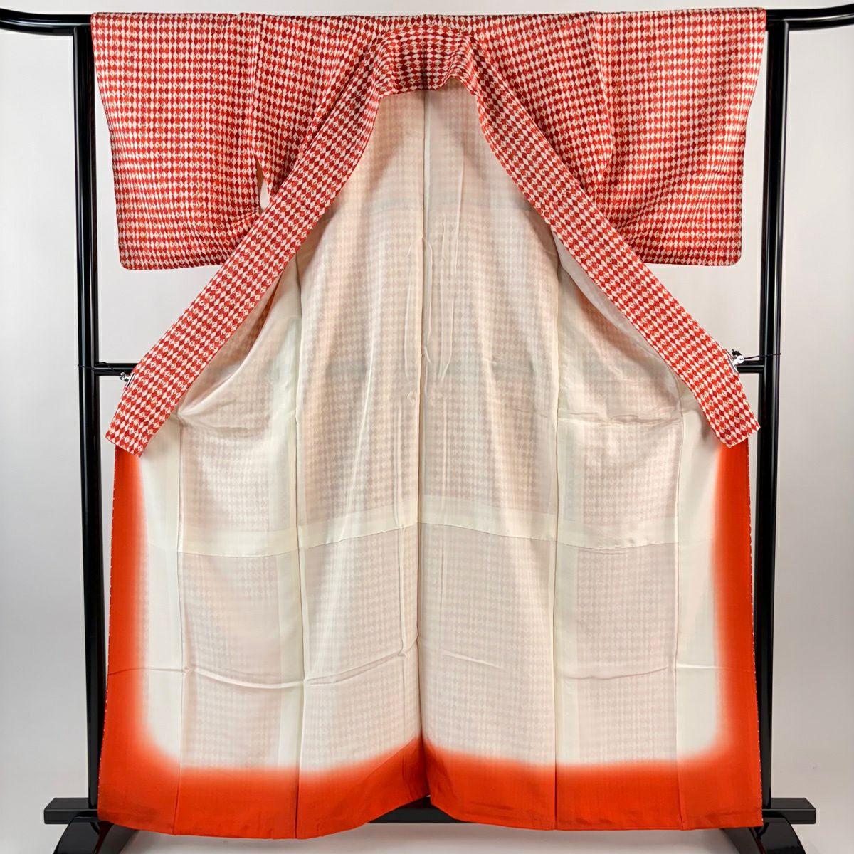 【美品】 小紋 身長162.5cm 袖長63cm S 雙層 菱 絞染 紅 純蠶絲 優品級