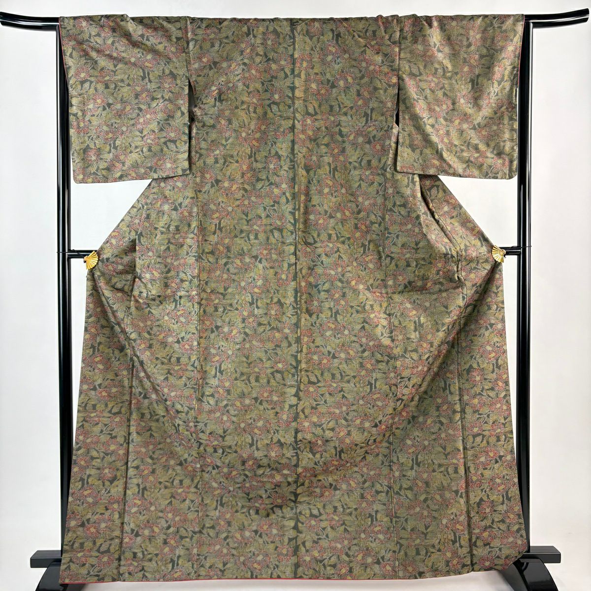 【美品】 紬織織 身長167cm 袖長66.5cm M 雙層 草花紋紋 茶綠 純蠶絲 優品級
