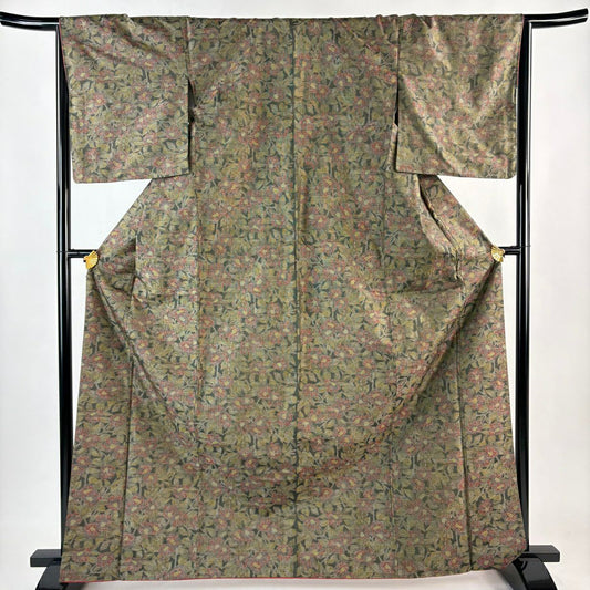 【美品】 紬織織 身長167cm 袖長66.5cm M 雙層 草花紋紋 茶綠 純蠶絲 優品級