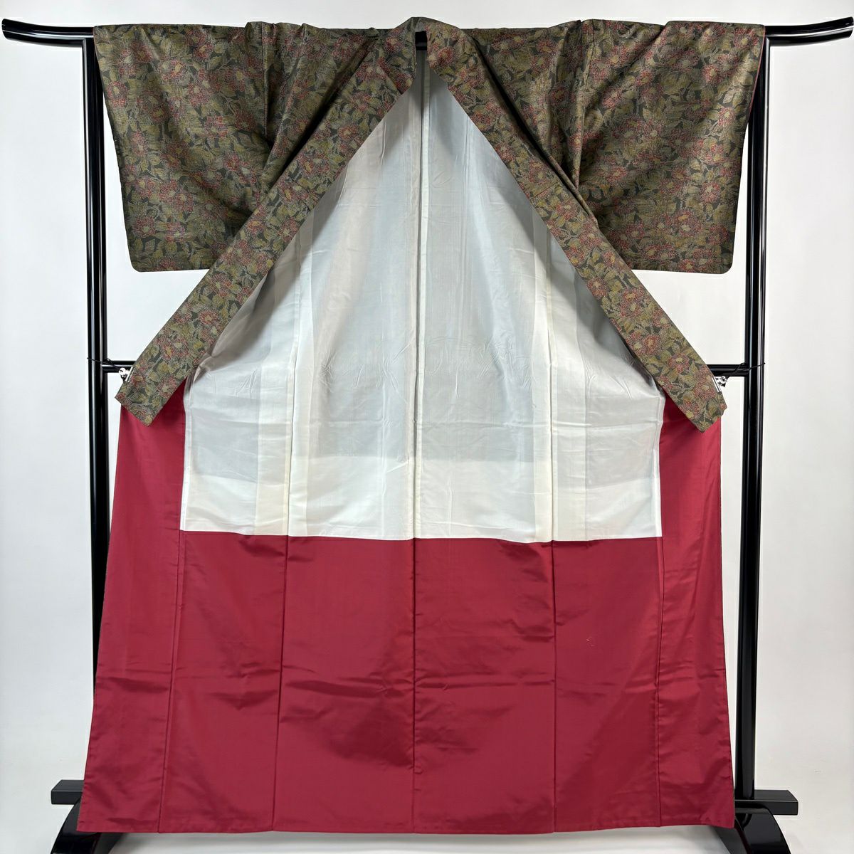 【美品】 紬織織 身長167cm 袖長66.5cm M 雙層 草花紋紋 茶綠 純蠶絲 優品級