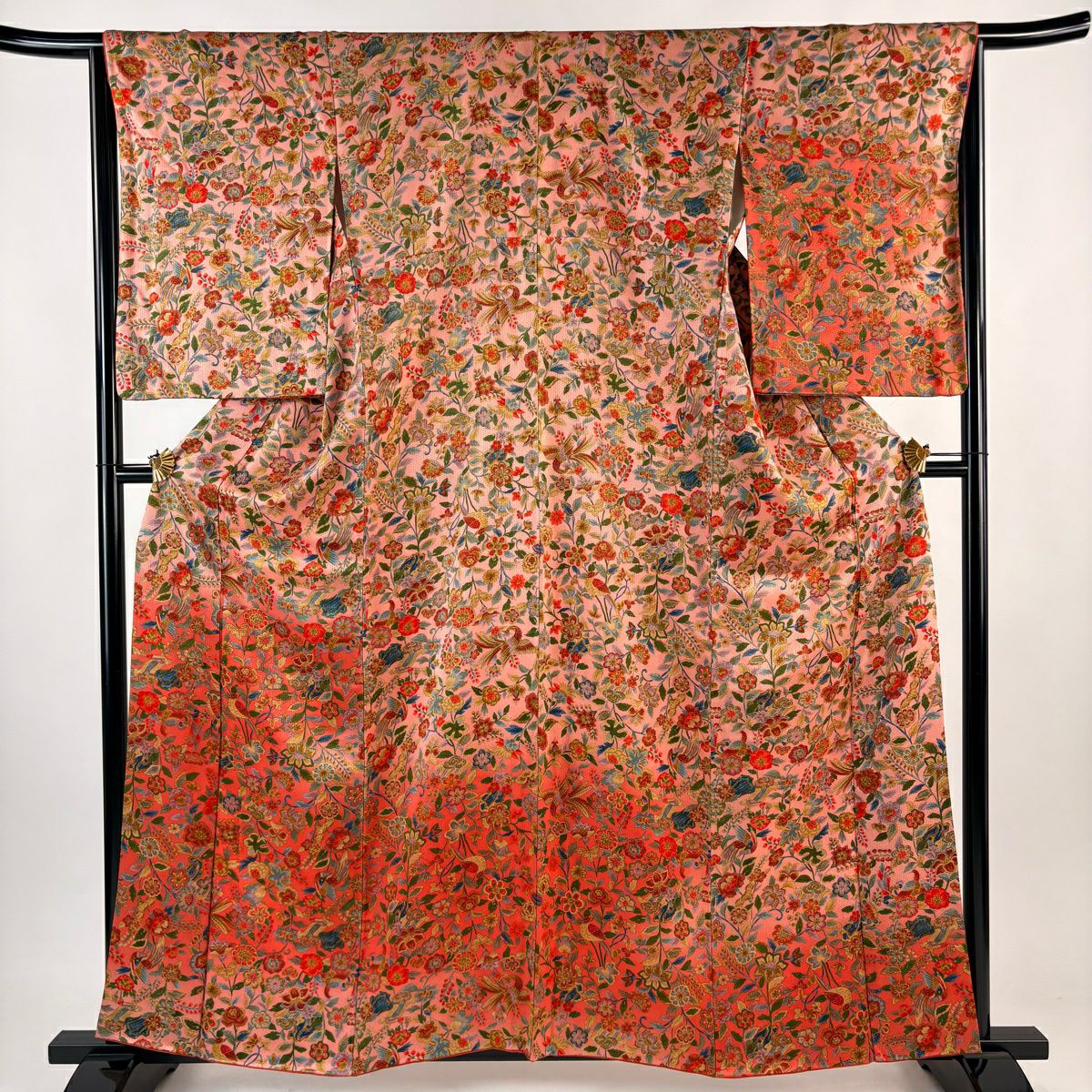 【美品】 付下 身長160cm 袖長65.5cm M 雙層 草花紋紋 鳥 逐漸染色 粉紅 純蠶絲 優品級
