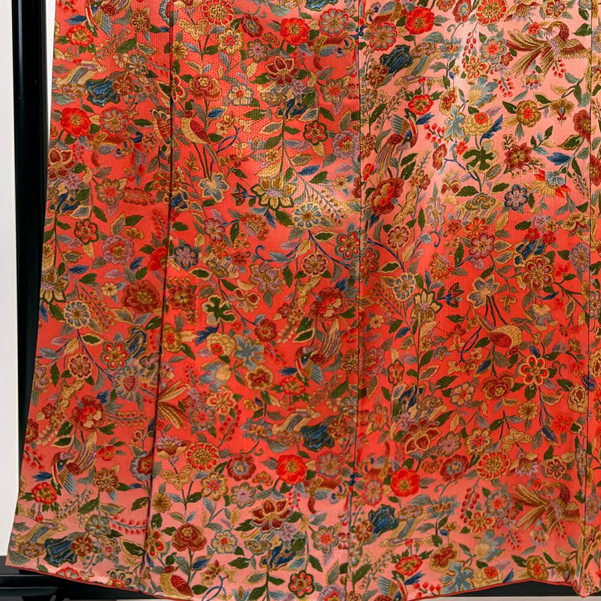 【美品】 付下 身長160cm 袖長65.5cm M 雙層 草花紋紋 鳥 逐漸染色 粉紅 純蠶絲 優品級