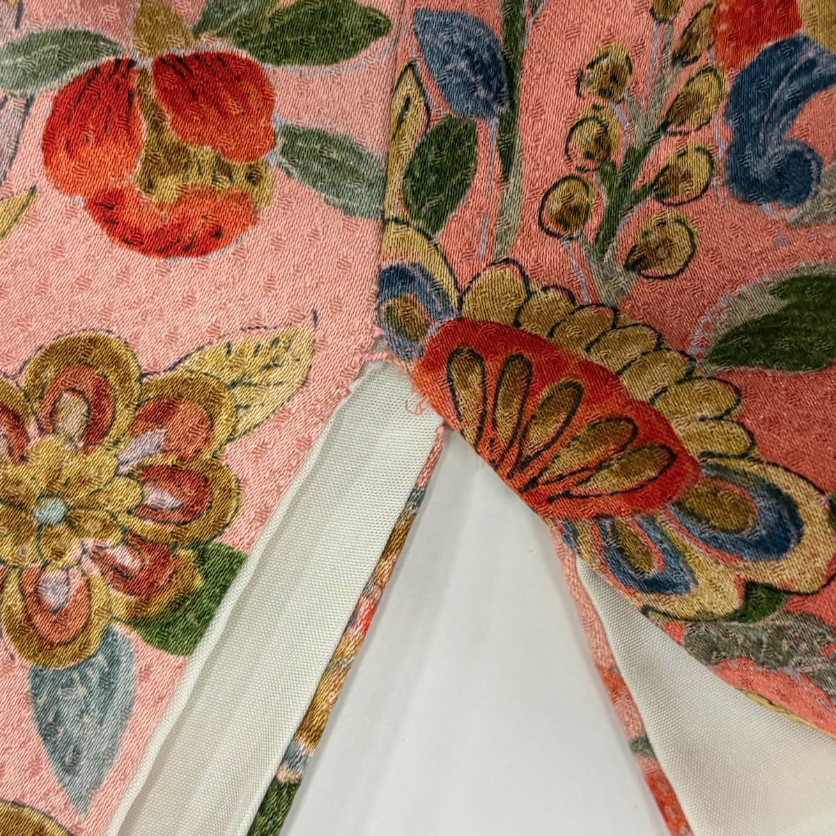 【美品】 付下 身長160cm 袖長65.5cm M 雙層 草花紋紋 鳥 逐漸染色 粉紅 純蠶絲 優品級