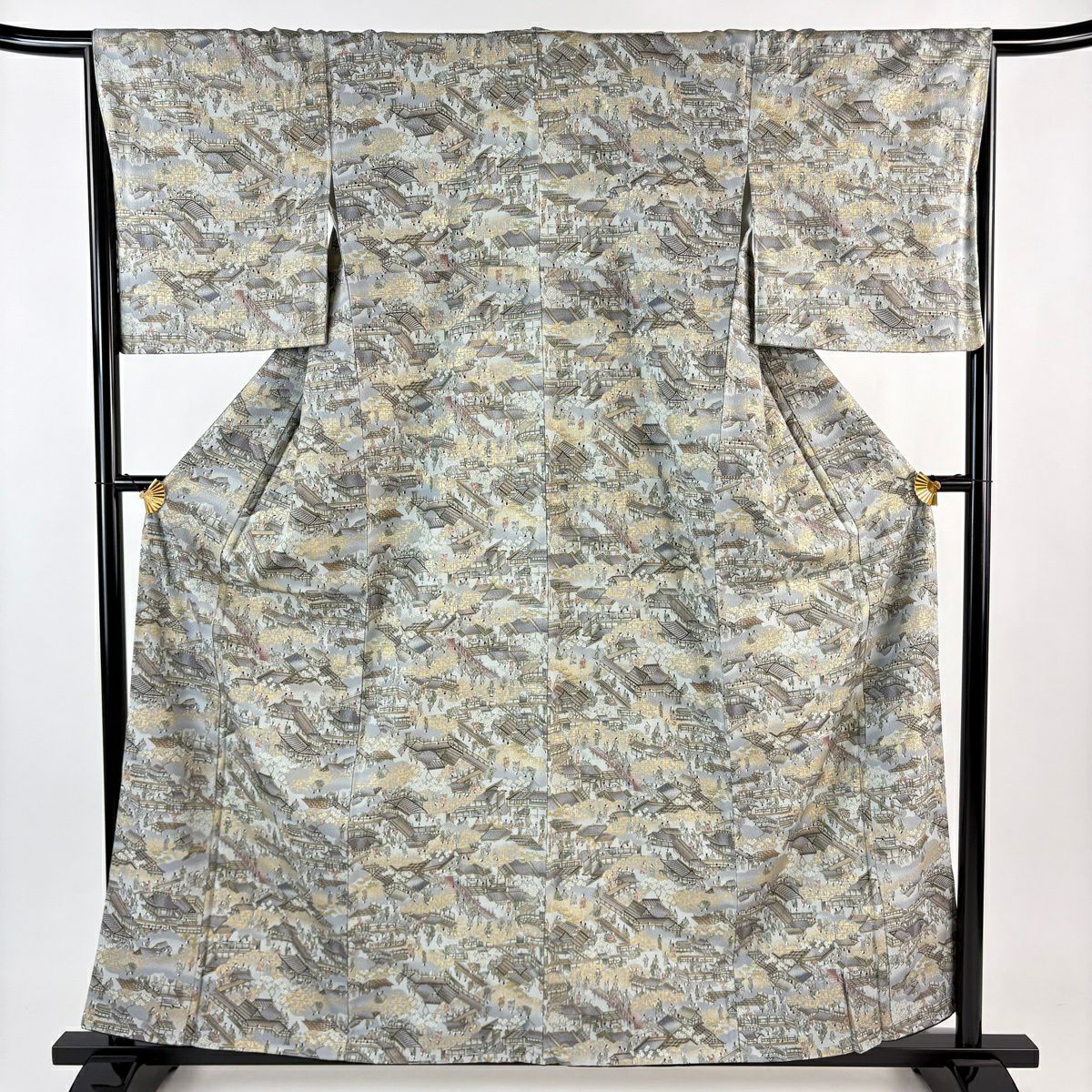 【美品】 小紋 身長159.5cm 袖長66.5cm M 雙層 街風景 人物 金彩裝飾 青灰 純蠶絲 優品級