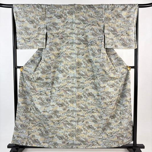 【美品】 小紋 身長159.5cm 袖長66.5cm M 雙層 街風景 人物 金彩裝飾 青灰 純蠶絲 優品級