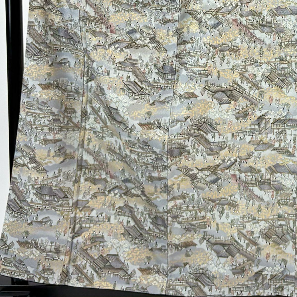 【美品】 小紋 身長159.5cm 袖長66.5cm M 雙層 街風景 人物 金彩裝飾 青灰 純蠶絲 優品級
