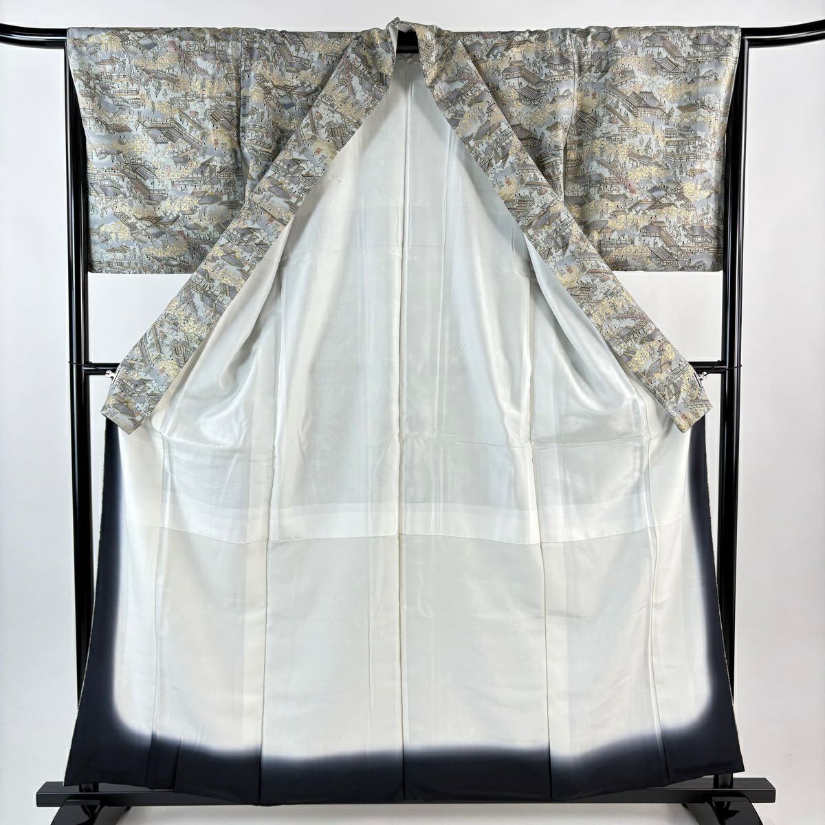 【美品】 小紋 身長159.5cm 袖長66.5cm M 雙層 街風景 人物 金彩裝飾 青灰 純蠶絲 優品級