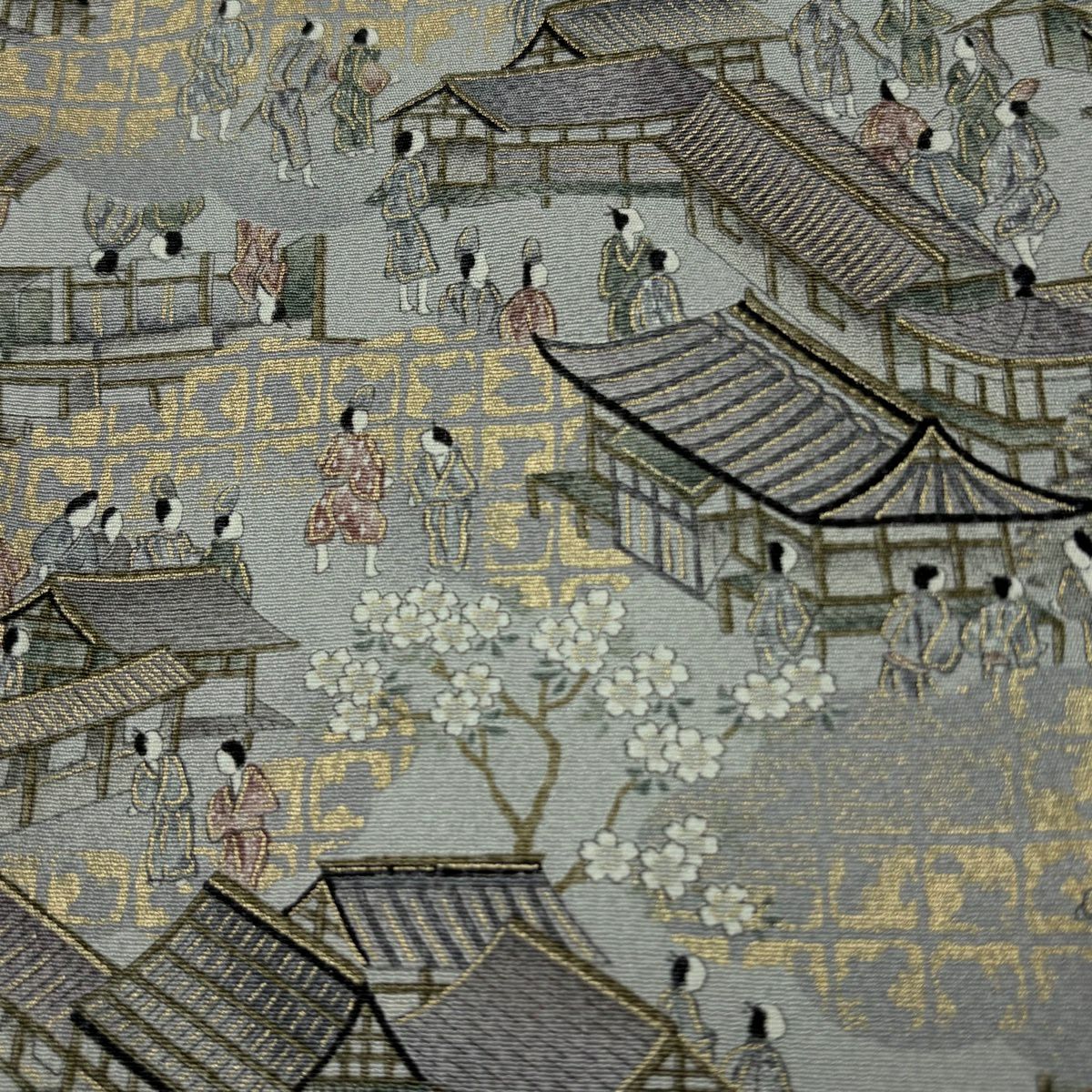 【美品】 小紋 身長159.5cm 袖長66.5cm M 雙層 街風景 人物 金彩裝飾 青灰 純蠶絲 優品級