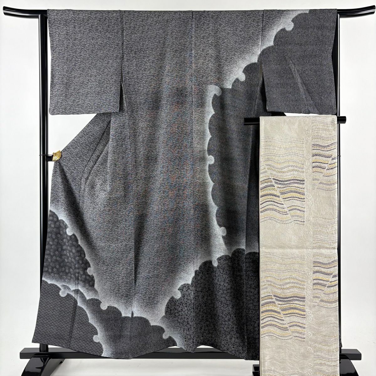 【美品】訪問服 身長158cm 袖長63.5cm S 雙層 紅塚順一 袋帶套裝 落款あり 雪輪 菊花 漸層 黑灰 純蠶絲 名品級