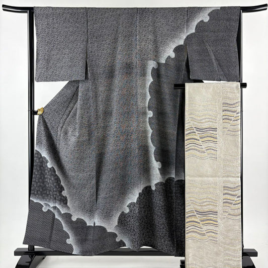 【美品】訪問服 身長158cm 袖長63.5cm S 雙層 紅塚順一 袋帶套裝 落款あり 雪輪 菊花 漸層 黑灰 純蠶絲 名品級