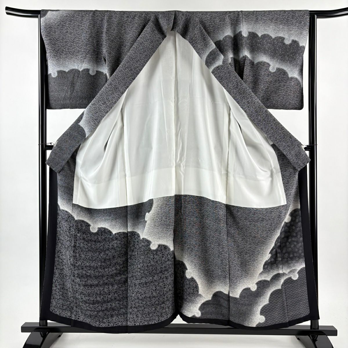 【美品】訪問服 身長158cm 袖長63.5cm S 雙層 紅塚順一 袋帶套裝 落款あり 雪輪 菊花 漸層 黑灰 純蠶絲 名品級