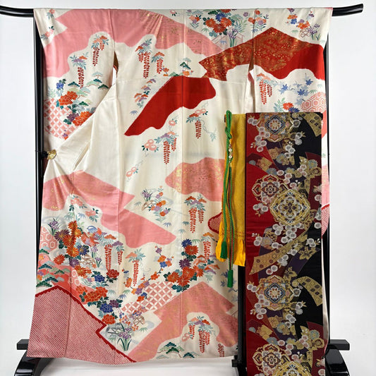 振袖禮服 身長166cm 袖長67cm M 雙層 袋帶全套 鴛鴦 草花紋紋 金絲 金銀彩 奶油色 純蠶絲 優品級