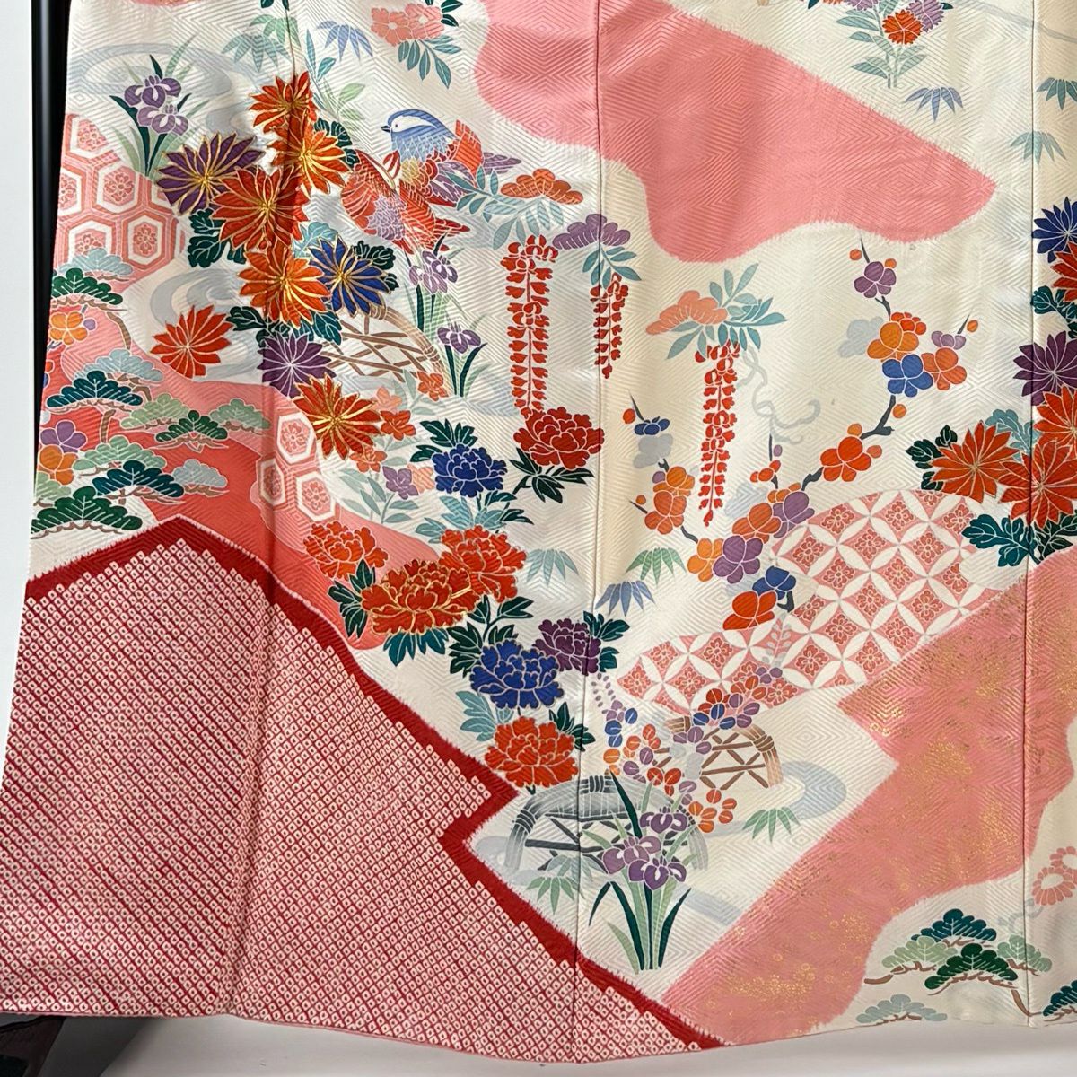 振袖禮服 身長166cm 袖長67cm M 雙層 袋帶全套 鴛鴦 草花紋紋 金絲 金銀彩 奶油色 純蠶絲 優品級