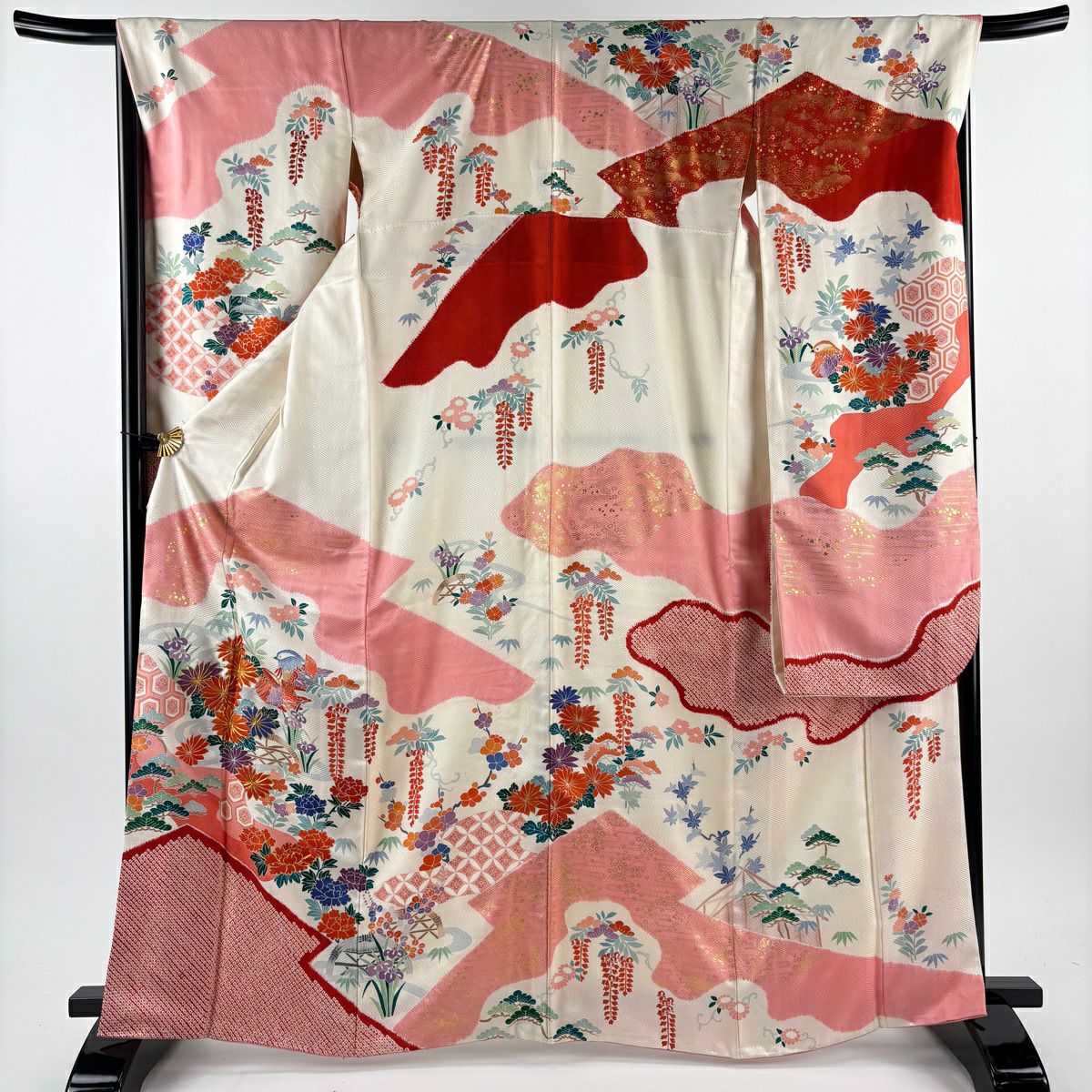 振袖禮服 身長166cm 袖長67cm M 雙層 袋帶全套 鴛鴦 草花紋紋 金絲 金銀彩 奶油色 純蠶絲 優品級