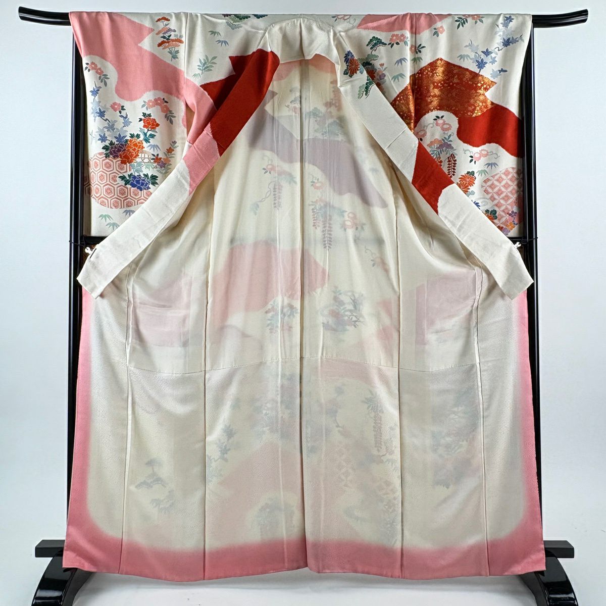 振袖禮服 身長166cm 袖長67cm M 雙層 袋帶全套 鴛鴦 草花紋紋 金絲 金銀彩 奶油色 純蠶絲 優品級