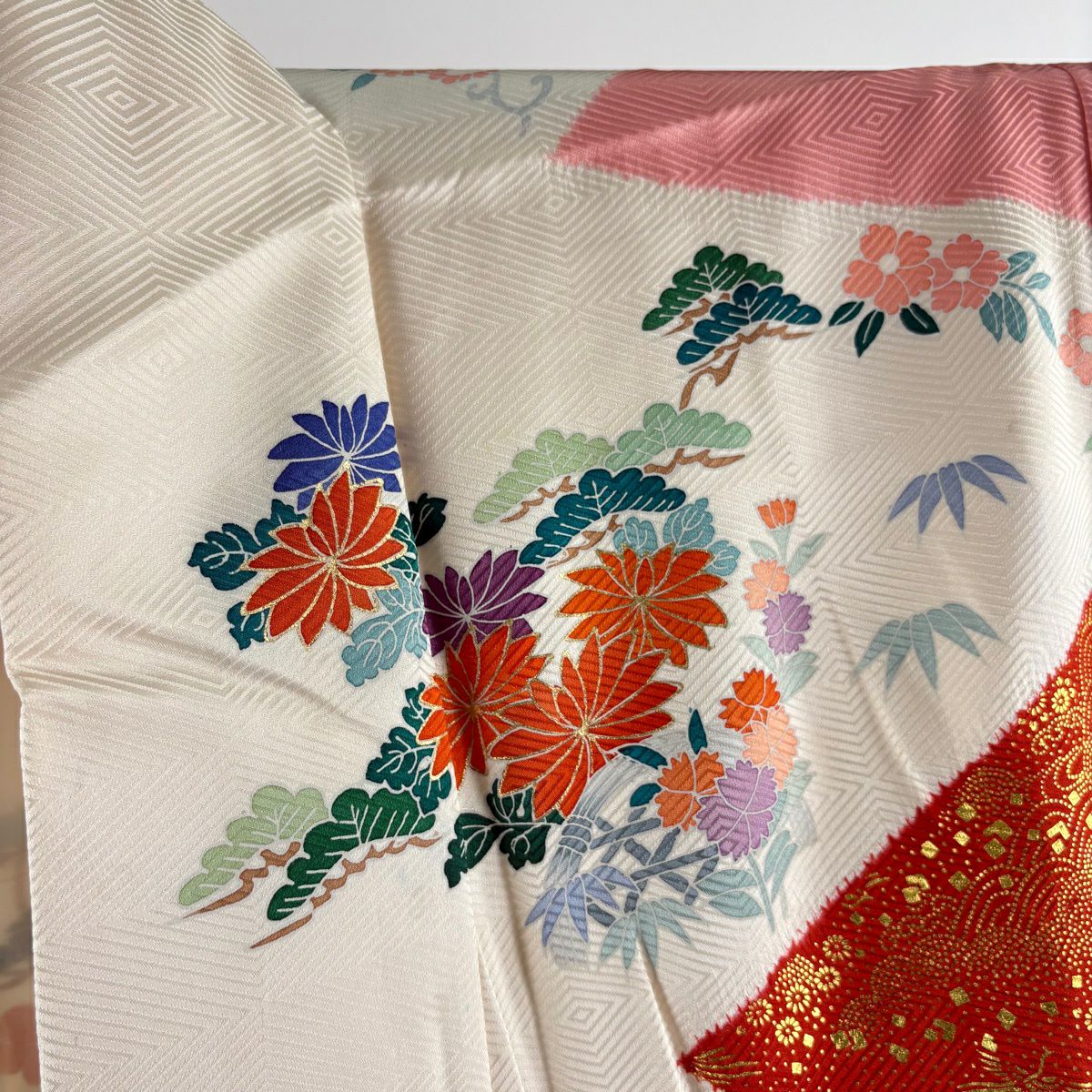 振袖禮服 身長166cm 袖長67cm M 雙層 袋帶全套 鴛鴦 草花紋紋 金絲 金銀彩 奶油色 純蠶絲 優品級