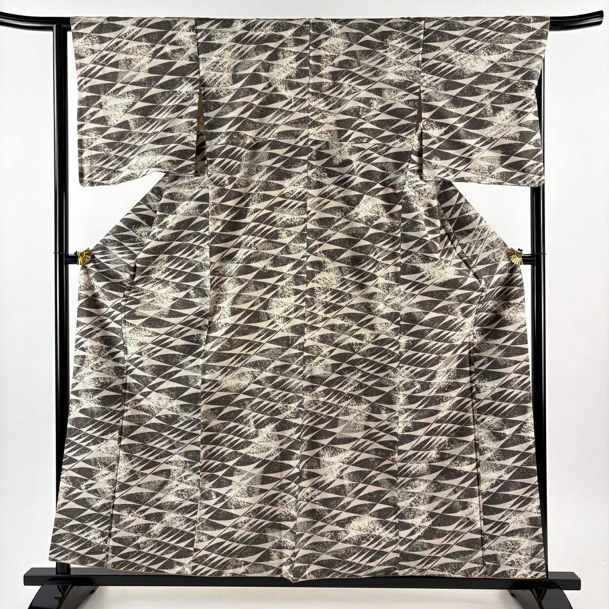 【美品】 小紋 身長159.5cm 袖長65cm M 雙層 袋帶套裝 紬織織 幾何圖案 茶綠 純蠶絲 秀品級
