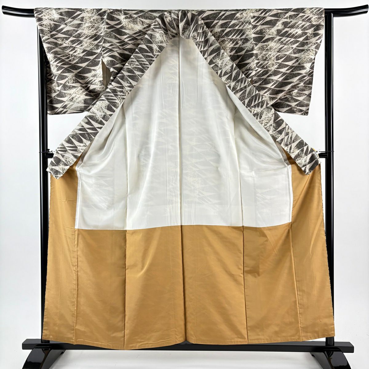 【美品】 小紋 身長159.5cm 袖長65cm M 雙層 袋帶套裝 紬織織 幾何圖案 茶綠 純蠶絲 秀品級
