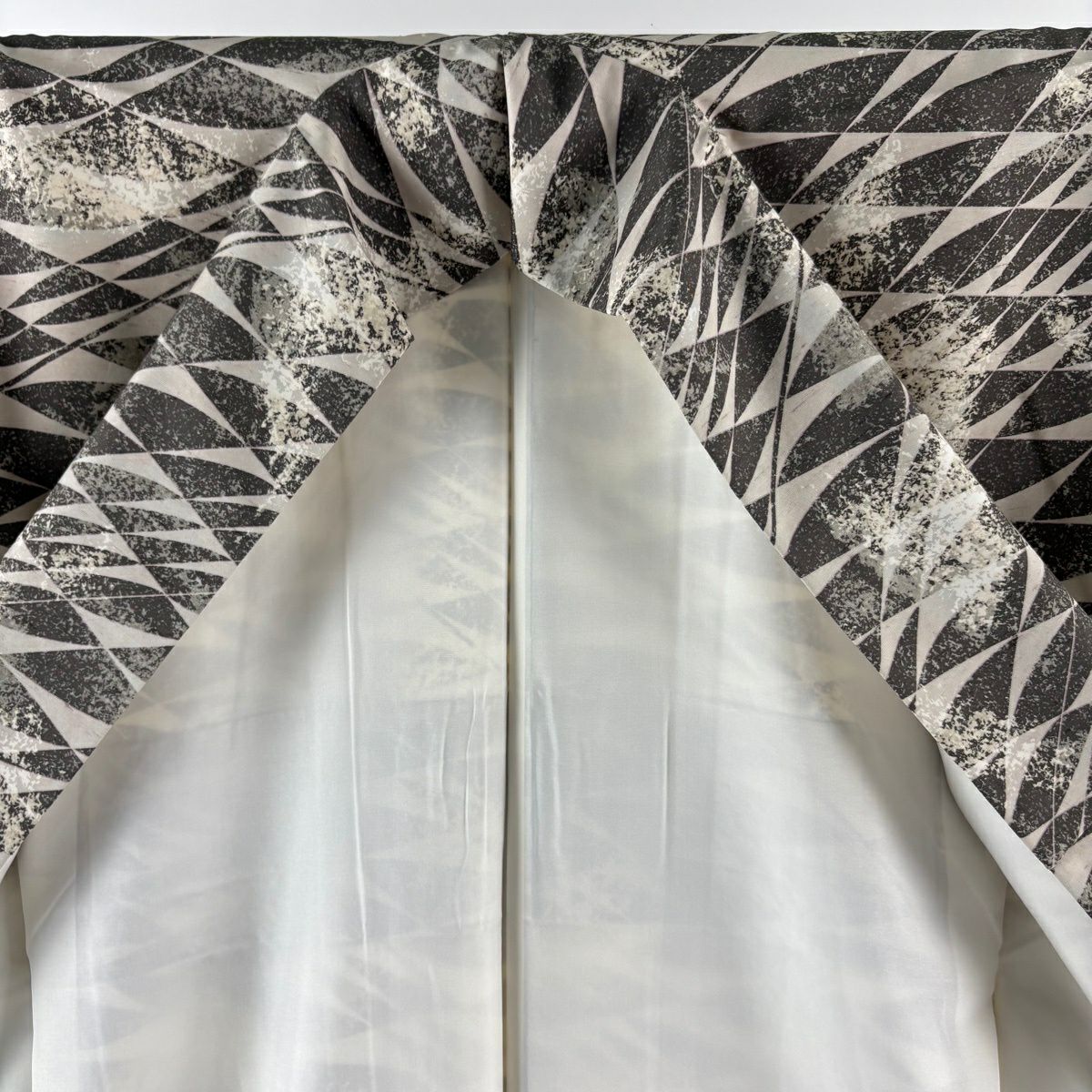 【美品】 小紋 身長159.5cm 袖長65cm M 雙層 袋帶套裝 紬織織 幾何圖案 茶綠 純蠶絲 秀品級