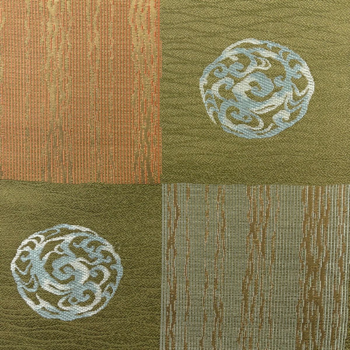 【美品】 小紋 身長159.5cm 袖長65cm M 雙層 袋帶套裝 紬織織 幾何圖案 茶綠 純蠶絲 秀品級