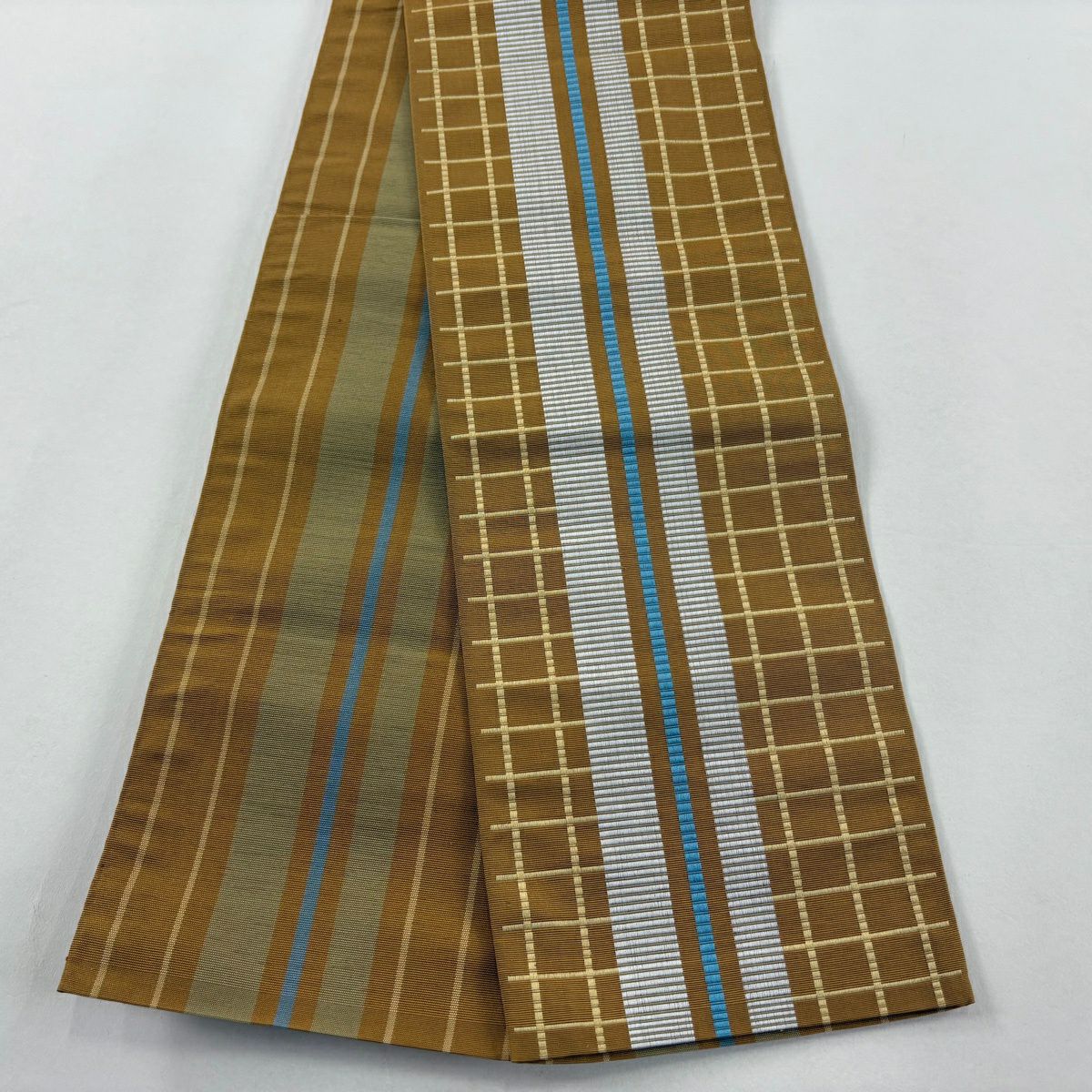 【美品】半幅帶 優品級 博多織 證書 格子 縞 山吹茶 純蠶絲