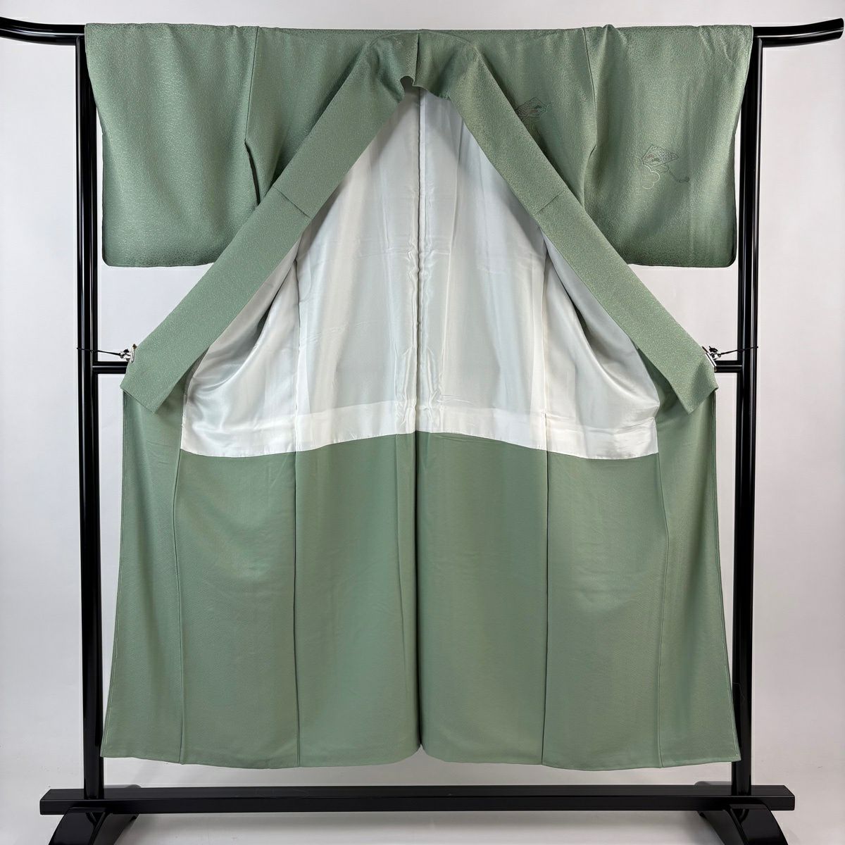 【美品】 付下 身長151cm 袖長65cm M 雙層 文箱 檜扇子 刺繡 薄綠 純蠶絲 秀品級
