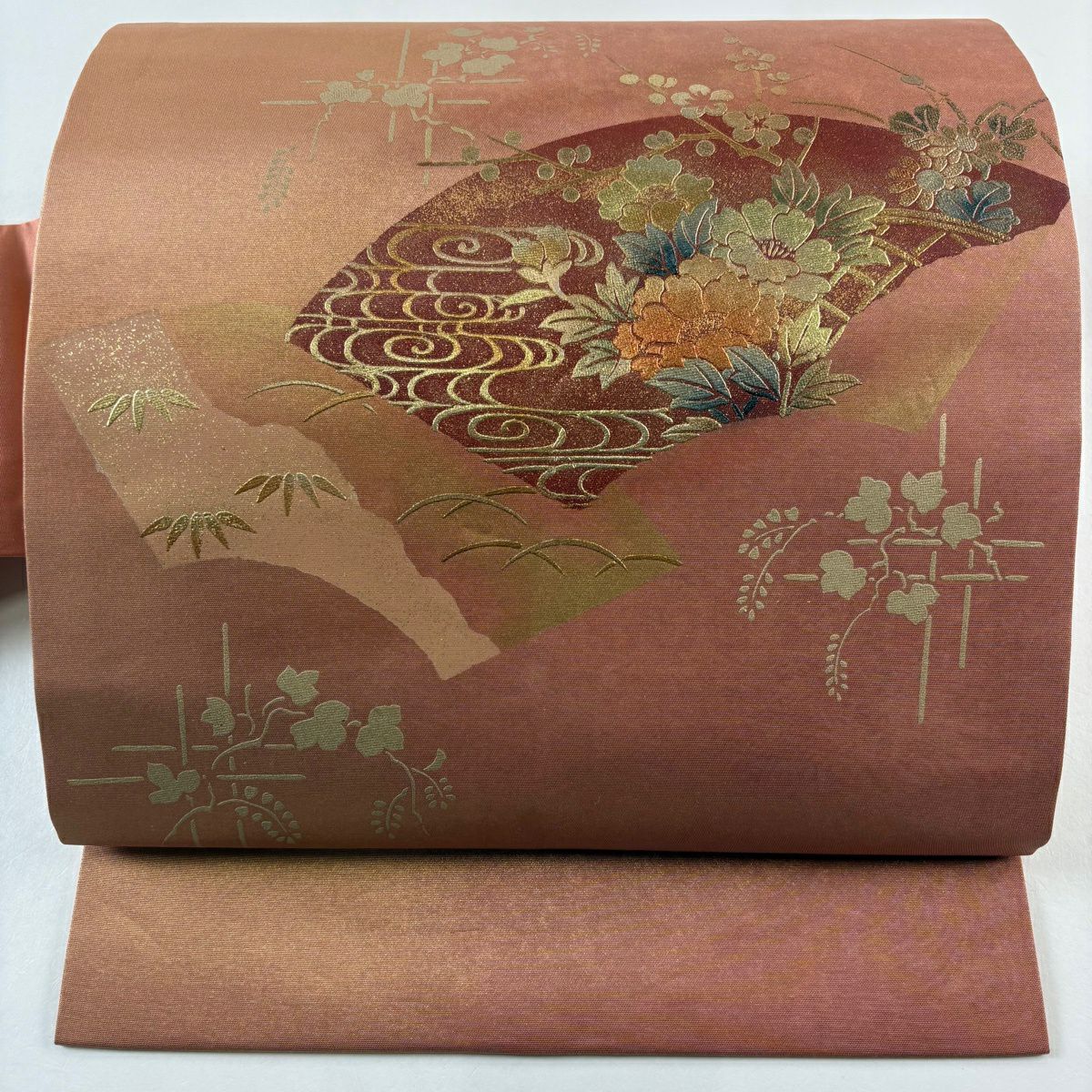 名古屋帶 優品級 扇子面 草花紋 金銀彩 金金箔 鮭粉色 純蠶絲
