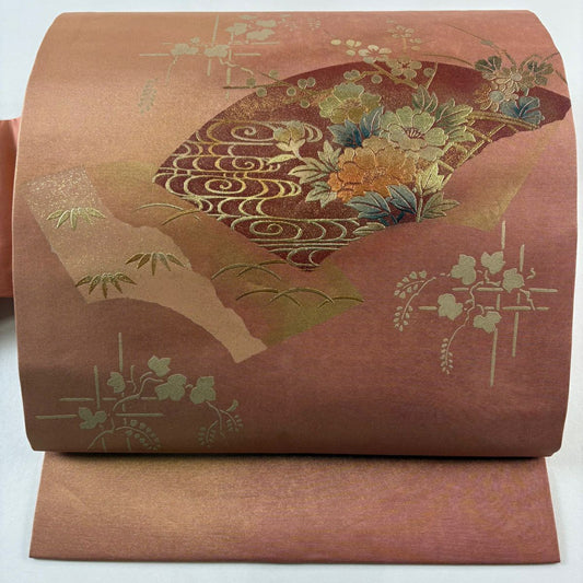 名古屋帶 優品級 扇子面 草花紋 金銀彩 金金箔 鮭粉色 純蠶絲