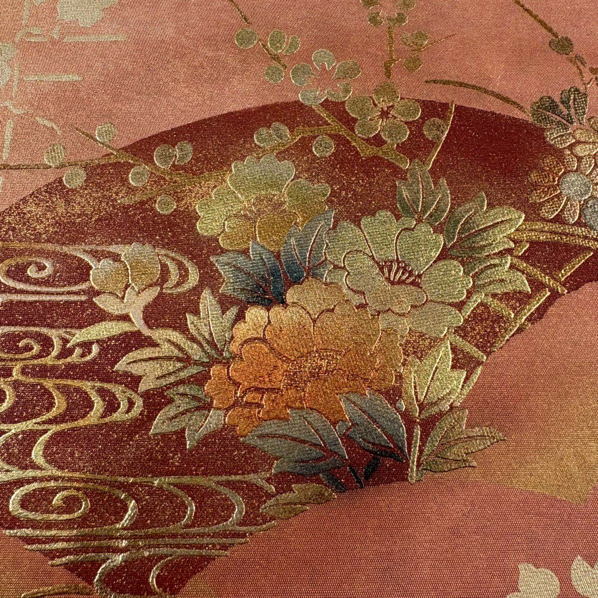 名古屋帶 優品級 扇子面 草花紋 金銀彩 金金箔 鮭粉色 純蠶絲