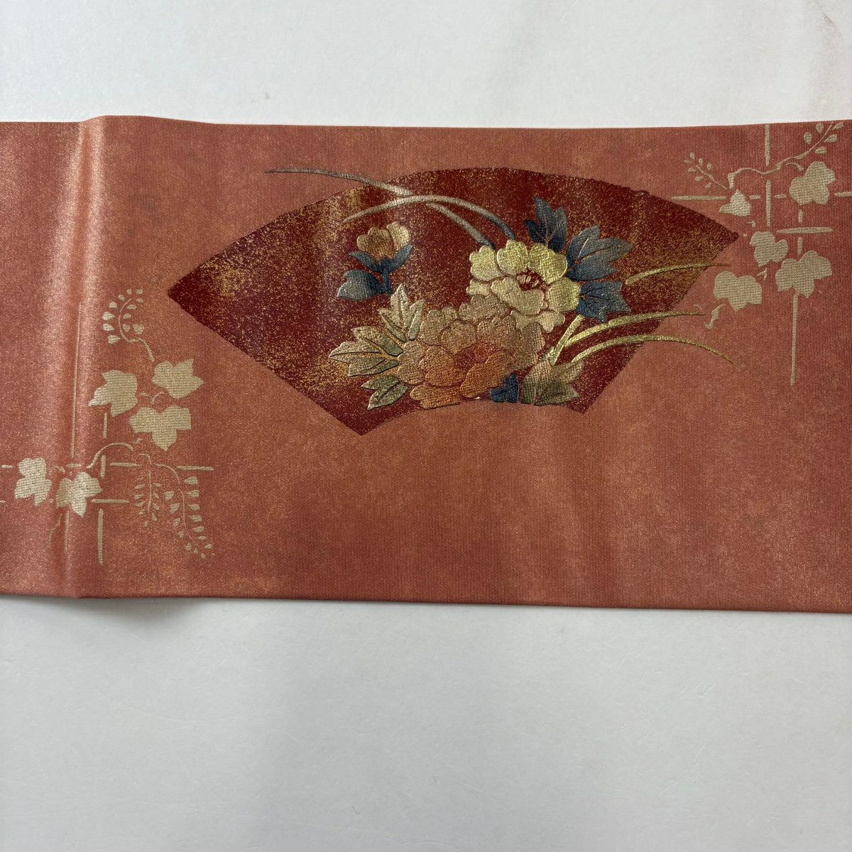名古屋帶 優品級 扇子面 草花紋 金銀彩 金金箔 鮭粉色 純蠶絲