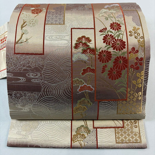 名古屋帶 優品級 短冊 秋草 刺繡 金絲 茶紫 純蠶絲